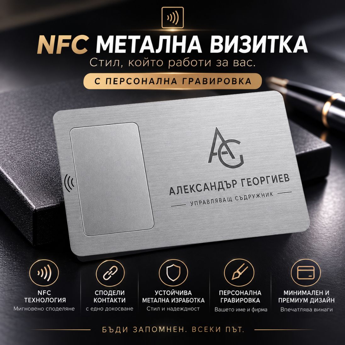 Метална визитка - Silver NFC с гравиране