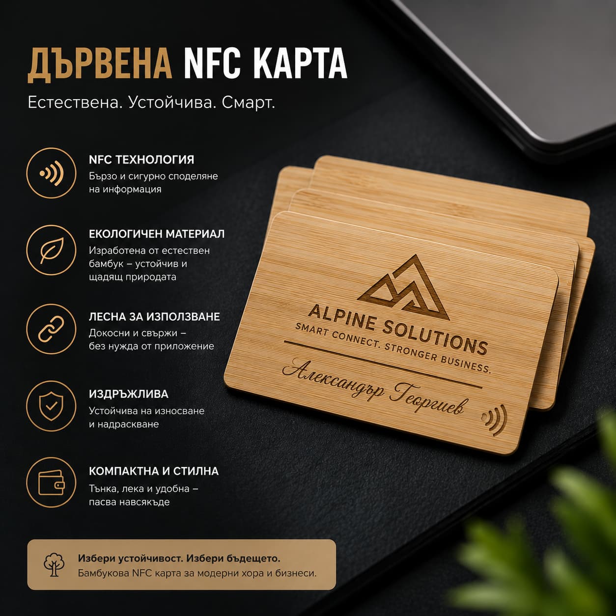 Дървена NFC карта – Bamboo | Естествена дигитална визитка